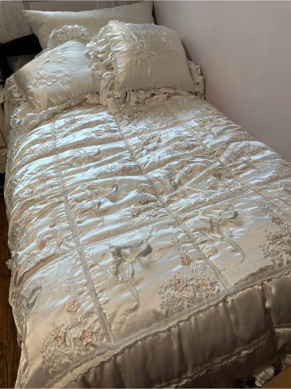 Luxurious Ivory Satin Embroidered Bedspread with Ruffle Pillows